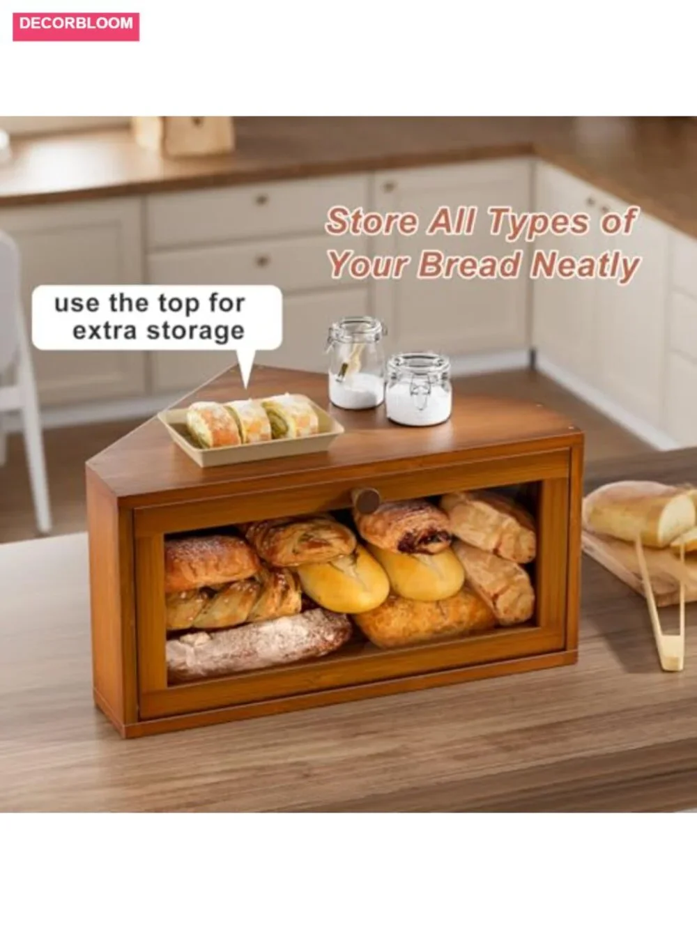 Corner Bamboo Bread Box with Magnetic Lock, Large Capacity Kitchen Countertop